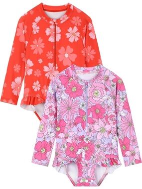 Kids' Floral Long Sleeve Rash Guard Swimsuit Set - Pink & Coral